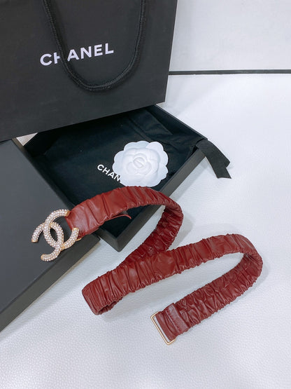 CHANEL ELASTIC BELT 30MM IN WINE RED CALFSKIN GOLD HARDWARE WITH RHINSTONES
