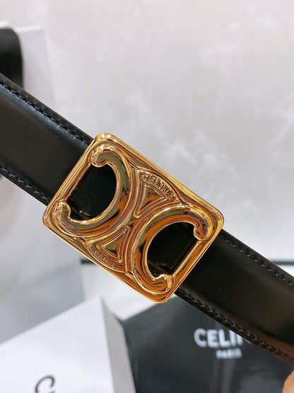 CELINE CL MEDIUM 25 MM TRIOMPHE BELT IN TAURILLON AND BLACK CALFSKIN GOLD HARDWARE