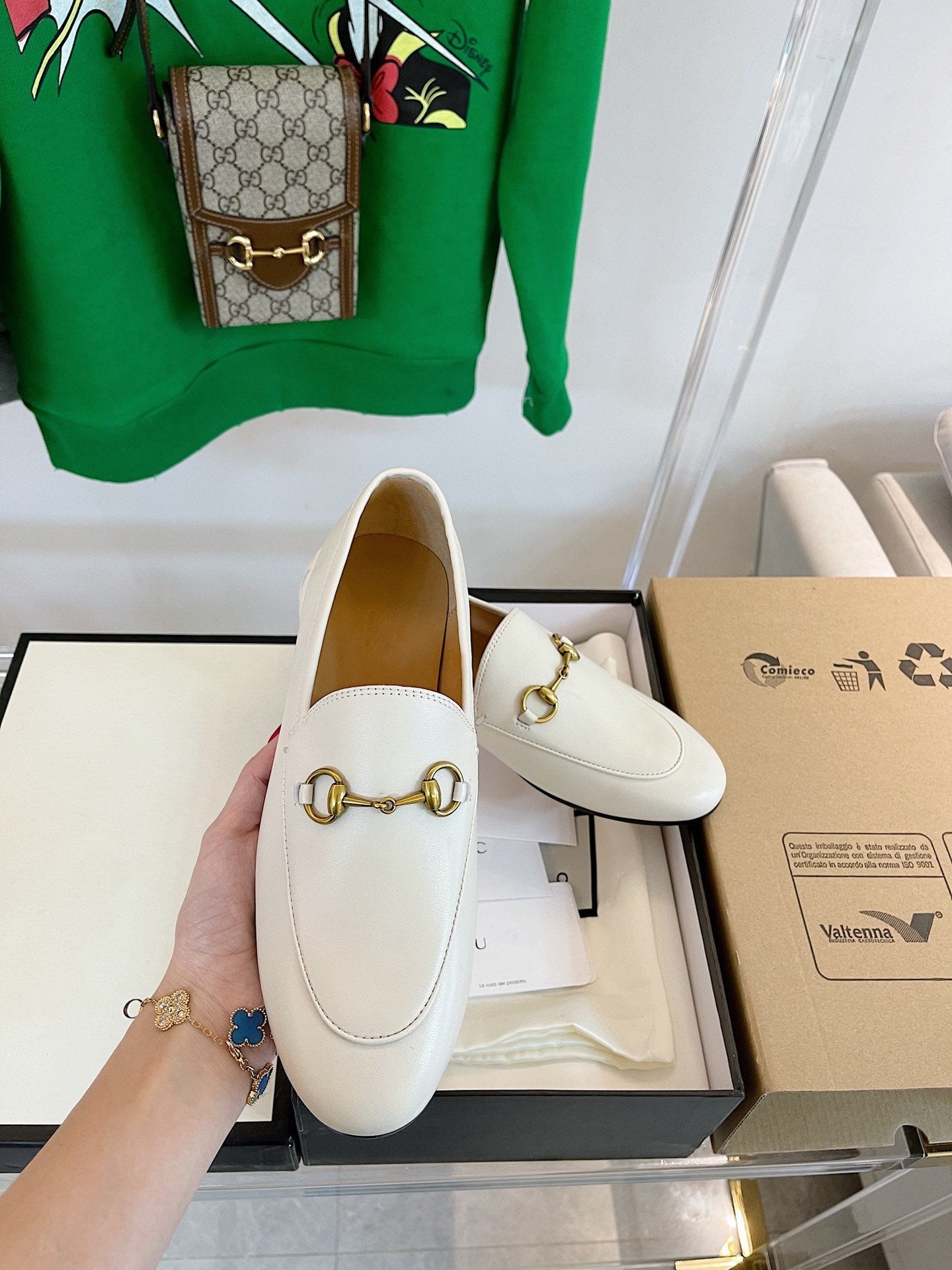 GUCCI LOAFERS MULES WHITE BROWN SOLE