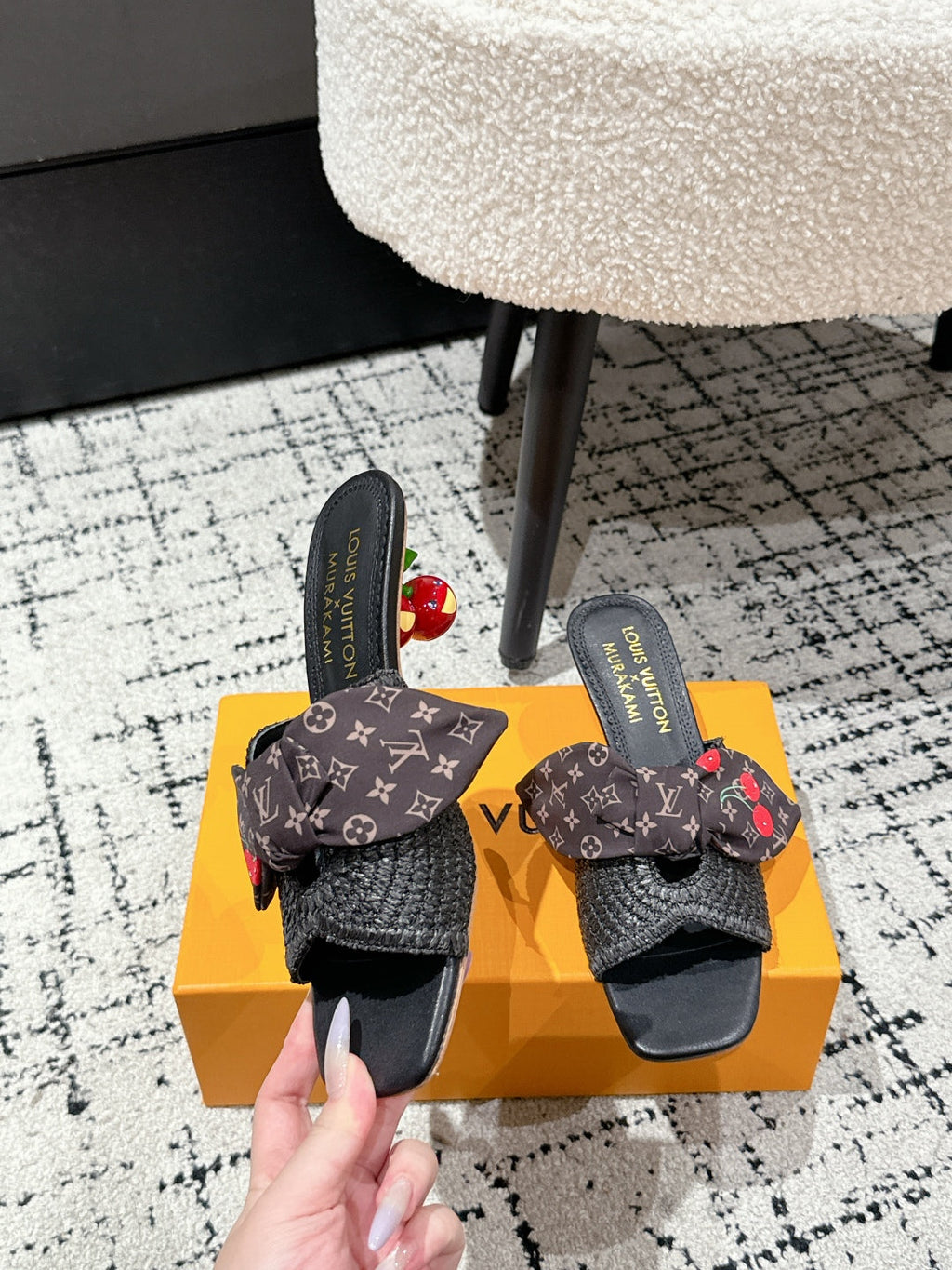 LOUIS VUITTON LV CHERRY HIGH HEELS 25S IN BLACK RAFFIA WITH BOW STYLE 14