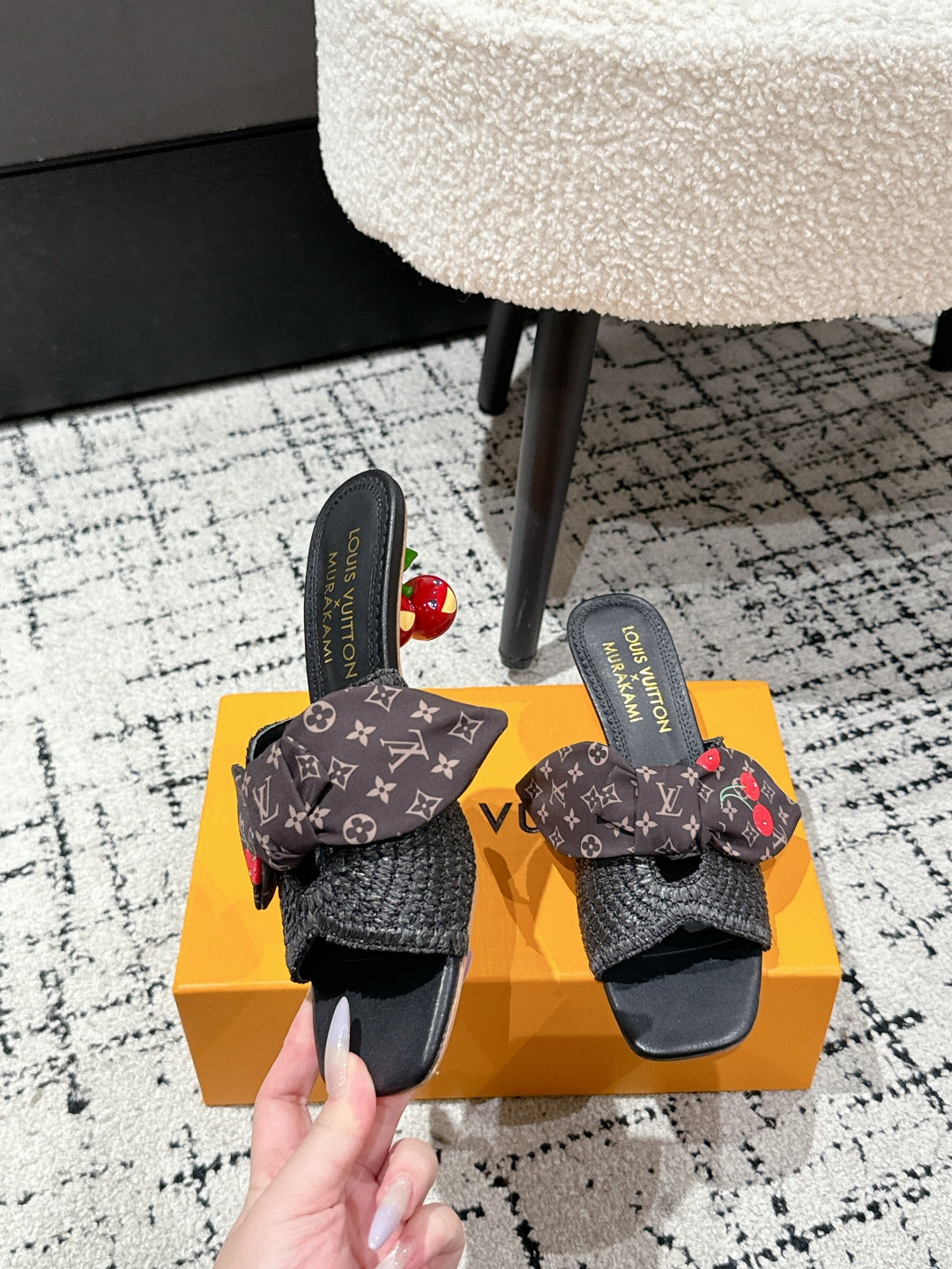 LOUIS VUITTON LV CHERRY HIGH HEELS 25S IN BLACK RAFFIA WITH BOW STYLE 14