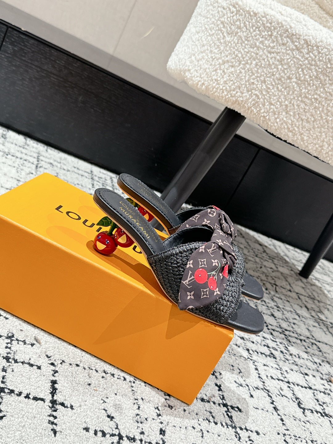 LOUIS VUITTON LV CHERRY HIGH HEELS 25S IN BLACK RAFFIA WITH BOW STYLE 14
