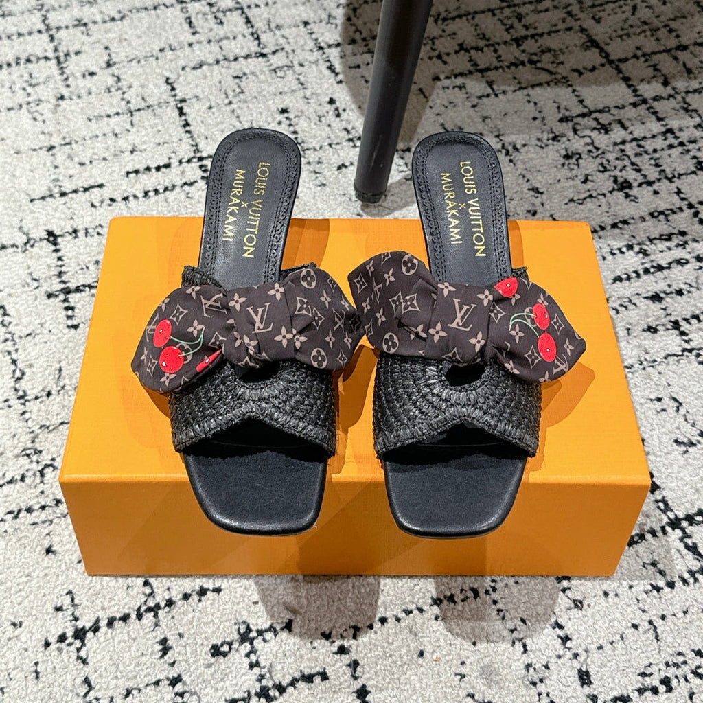 LOUIS VUITTON LV CHERRY HIGH HEELS 25S IN BLACK RAFFIA WITH BOW STYLE 14