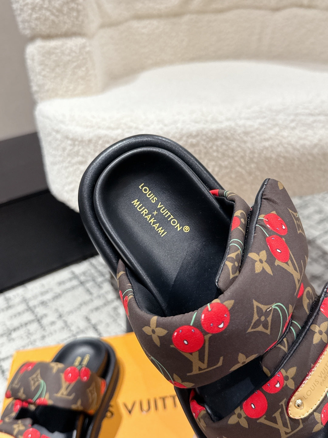 LOUIS VUITTON LV TWO-STRAP SLIDES 25S IN BROWN FABRIC AND BLACK CALFSKIN