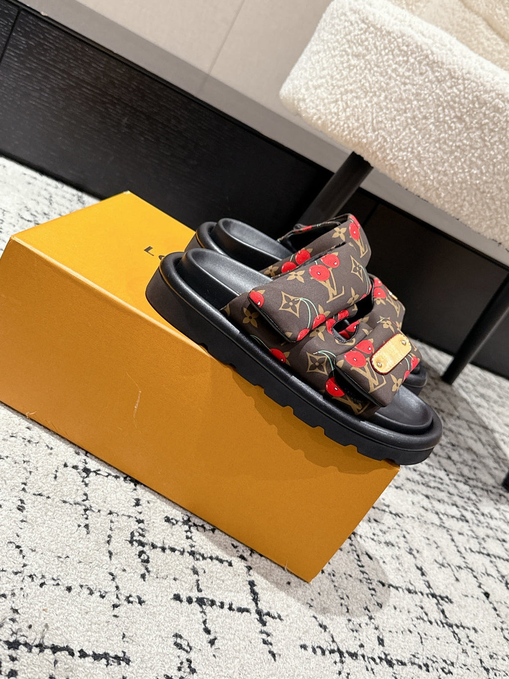 LOUIS VUITTON LV TWO-STRAP SLIDES 25S IN BROWN FABRIC AND BLACK CALFSKIN