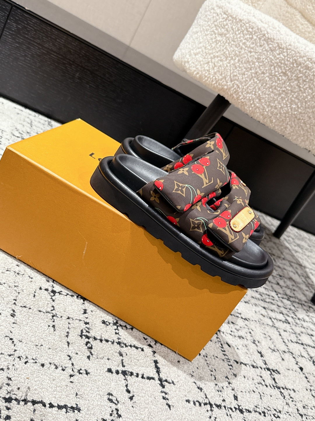 LOUIS VUITTON LV TWO-STRAP SLIDES 25S IN BROWN FABRIC AND BLACK CALFSKIN