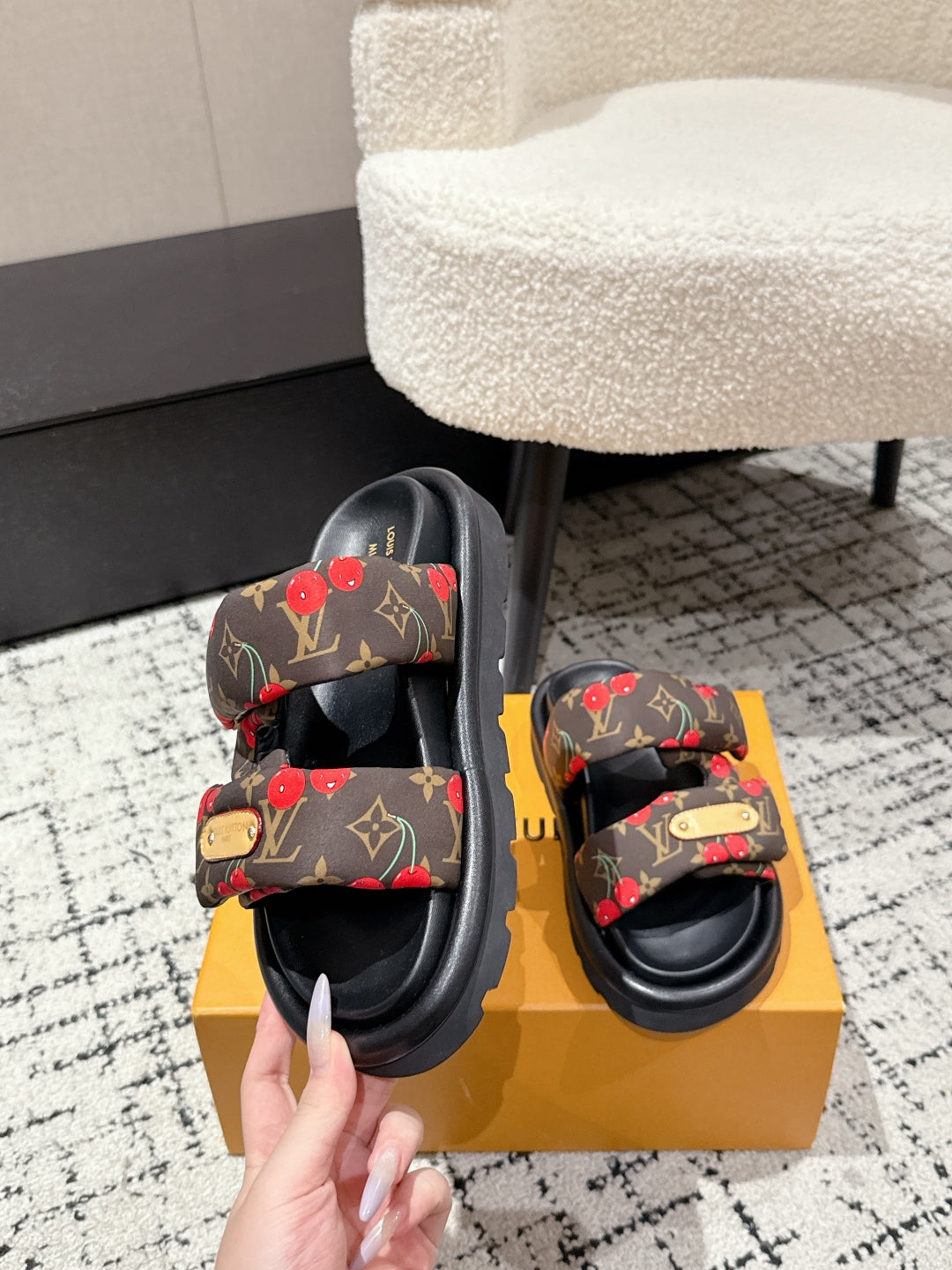 LOUIS VUITTON LV TWO-STRAP SLIDES 25S IN BROWN FABRIC AND BLACK CALFSKIN