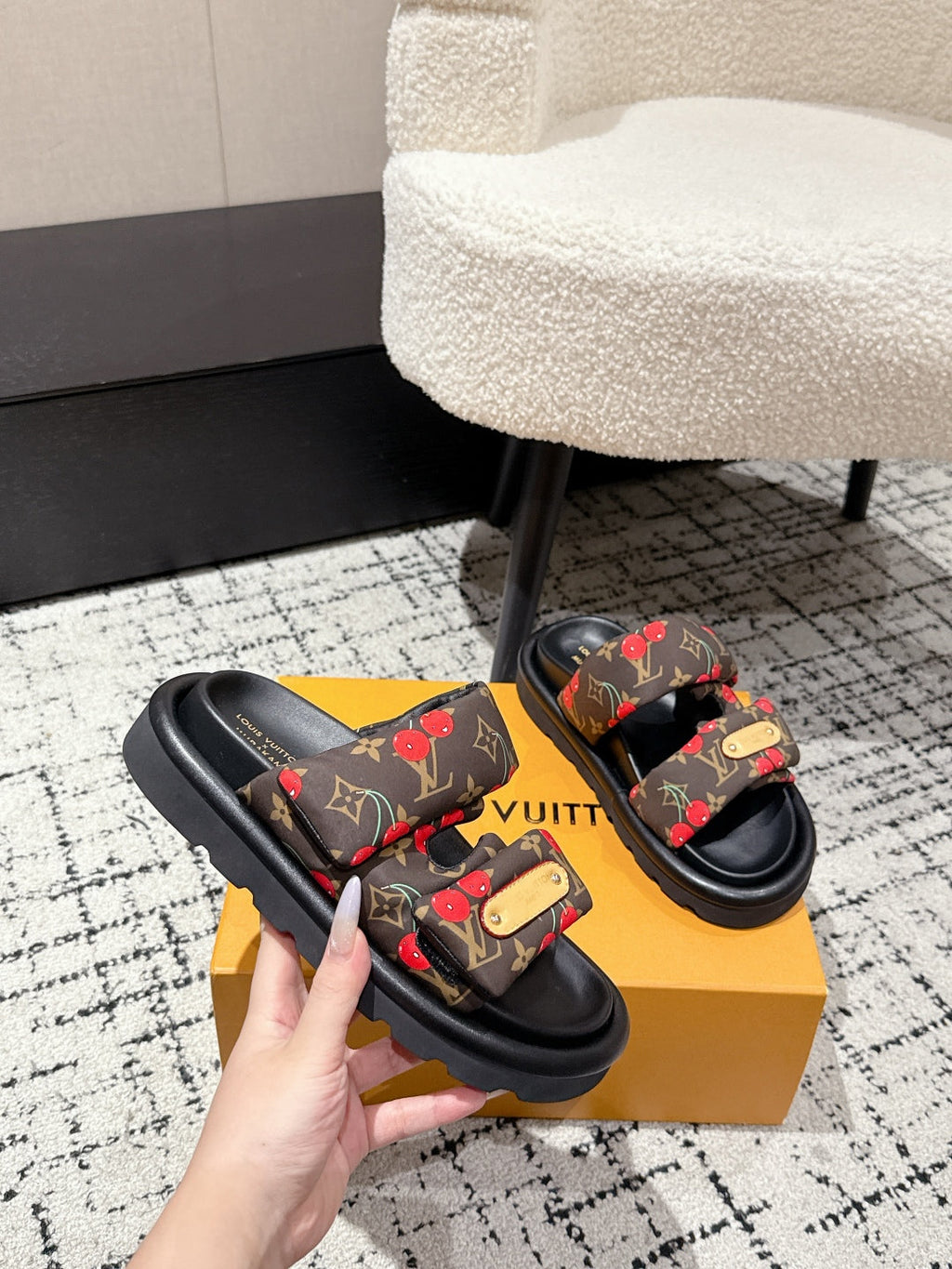 LOUIS VUITTON LV TWO-STRAP SLIDES 25S IN BROWN FABRIC AND BLACK CALFSKIN