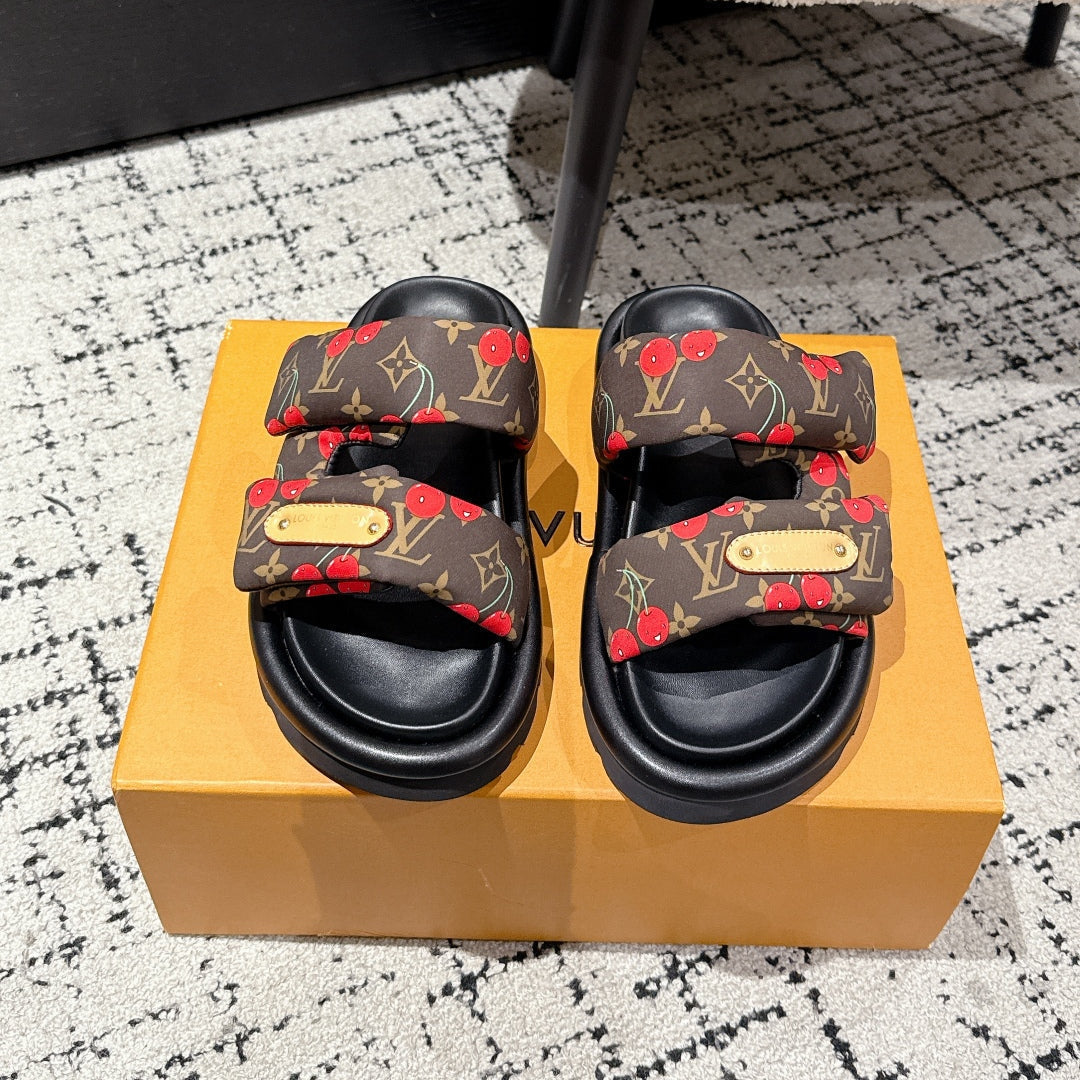LOUIS VUITTON LV TWO-STRAP SLIDES 25S IN BROWN FABRIC AND BLACK CALFSKIN