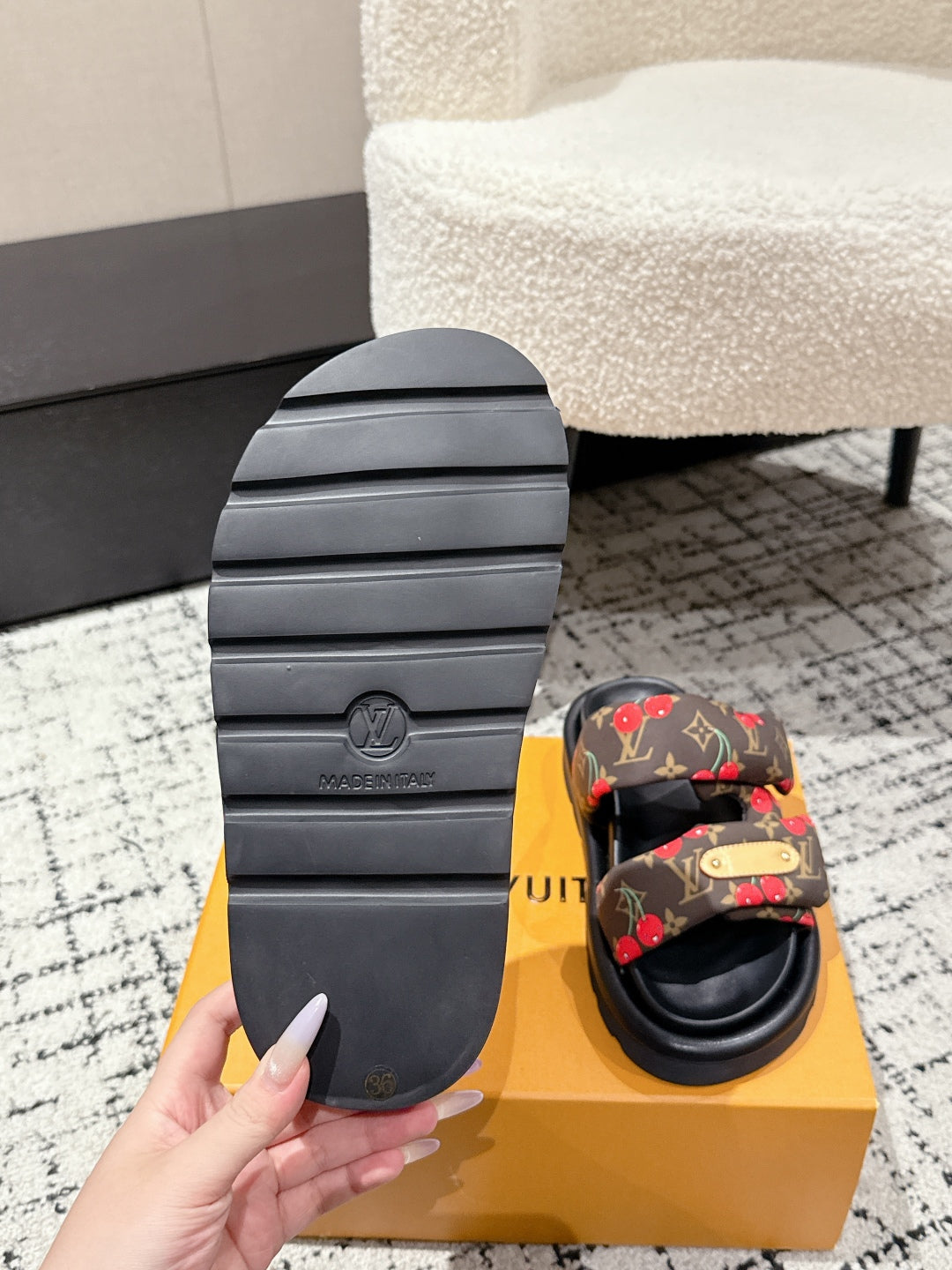 LOUIS VUITTON LV TWO-STRAP SLIDES 25S IN BROWN FABRIC AND BLACK CALFSKIN