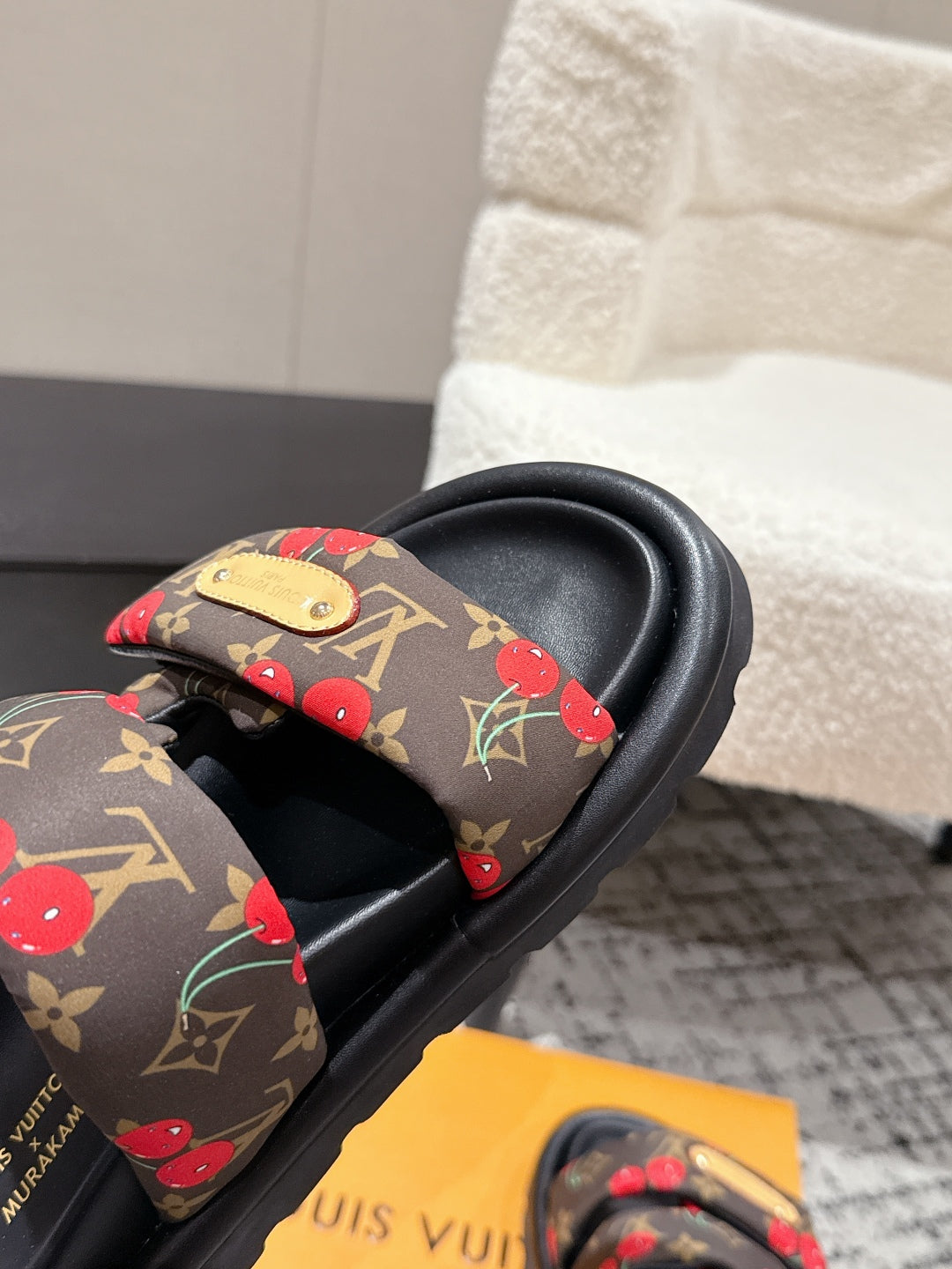 LOUIS VUITTON LV TWO-STRAP SLIDES 25S IN BROWN FABRIC AND BLACK CALFSKIN