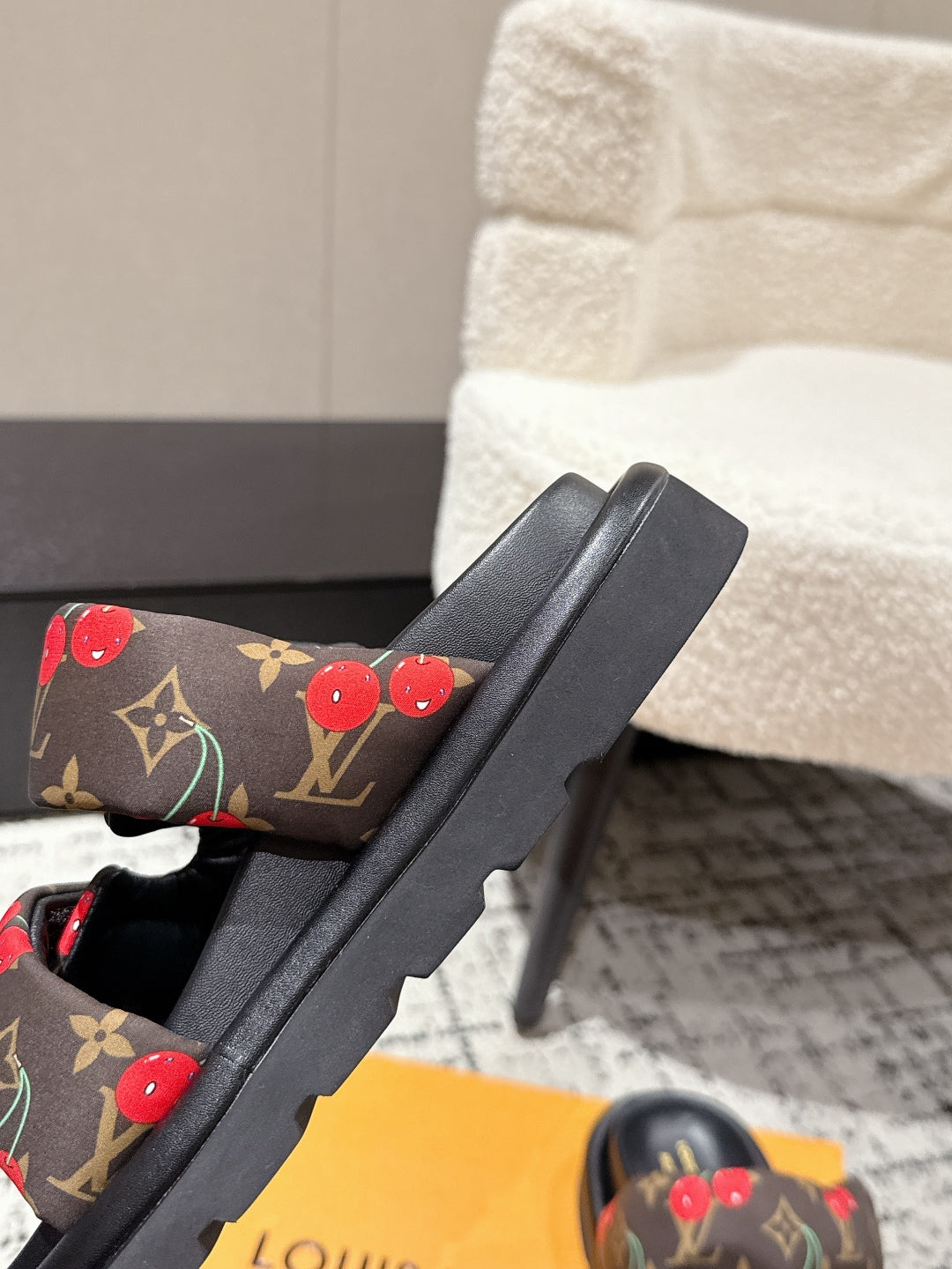 LOUIS VUITTON LV TWO-STRAP SLIDES 25S IN BROWN FABRIC AND BLACK CALFSKIN