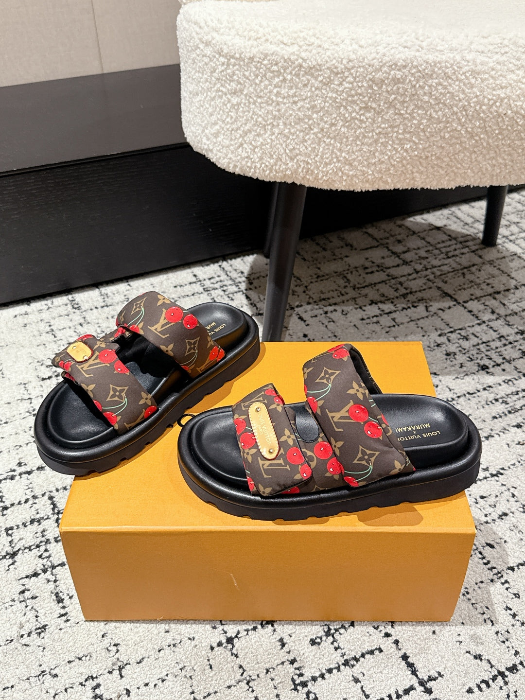 LOUIS VUITTON LV TWO-STRAP SLIDES 25S IN BROWN FABRIC AND BLACK CALFSKIN