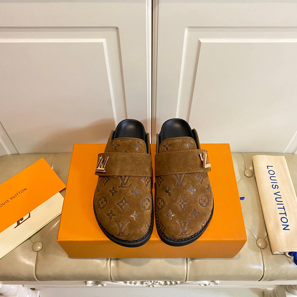 LOUIS VUITTON COSY FLAT COMFORT CLOG IN CHOCOLATE BROWN EMBOSSED SUEDE