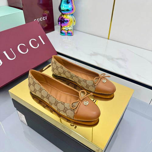 GUCCI BALLET FLATS 25S IN BROWN LAMBSKIN MIX BEIGE CANVAS WITH BOW