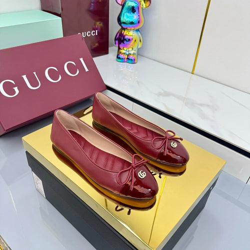 GUCCI BALLET FLATS 25S IN RED LAMBSKIN MIX GLOSSY LEATHER WITH BOW
