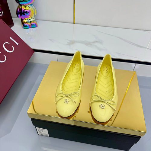GUCCI BALLET FLATS 25S IN YELLOW LAMBSKIN MIX GLOSSY LEATHER WITH BOW