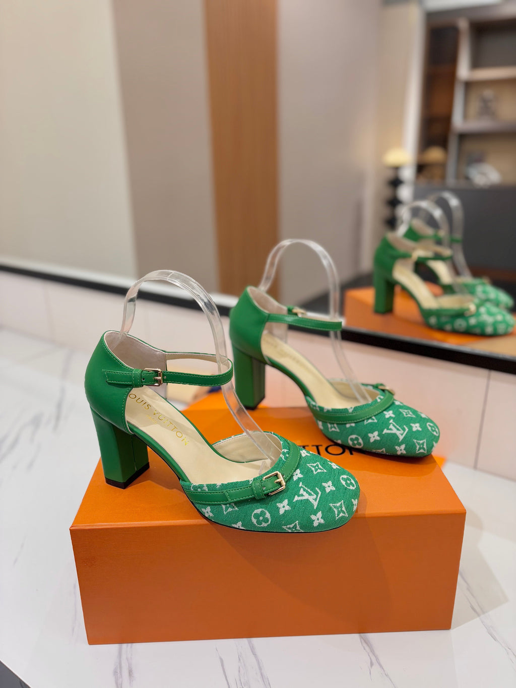 LOUIS VUITTON HIGH SANDALS 8 CM IN EMERALD GREEN MONOGRAM DENIM AND CALFSKIN