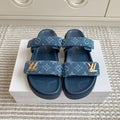 LOUIS VUITTON LV TWO-STRAP SANDALS 25S IN BLUE DENIM AND CALFSKIN WITH GOLD HARDWARE
