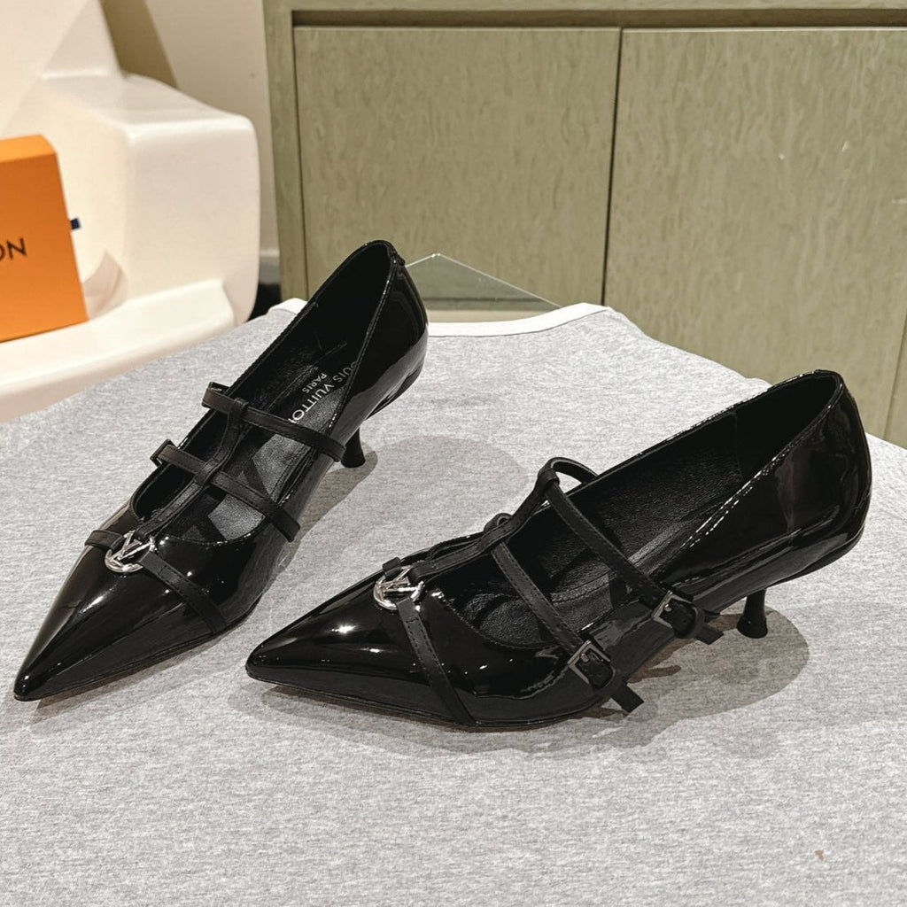 LOUIS VUITTON HIGH PUMP 45MM IN BLACK CALFSKIN WITH BLACK STRAPS