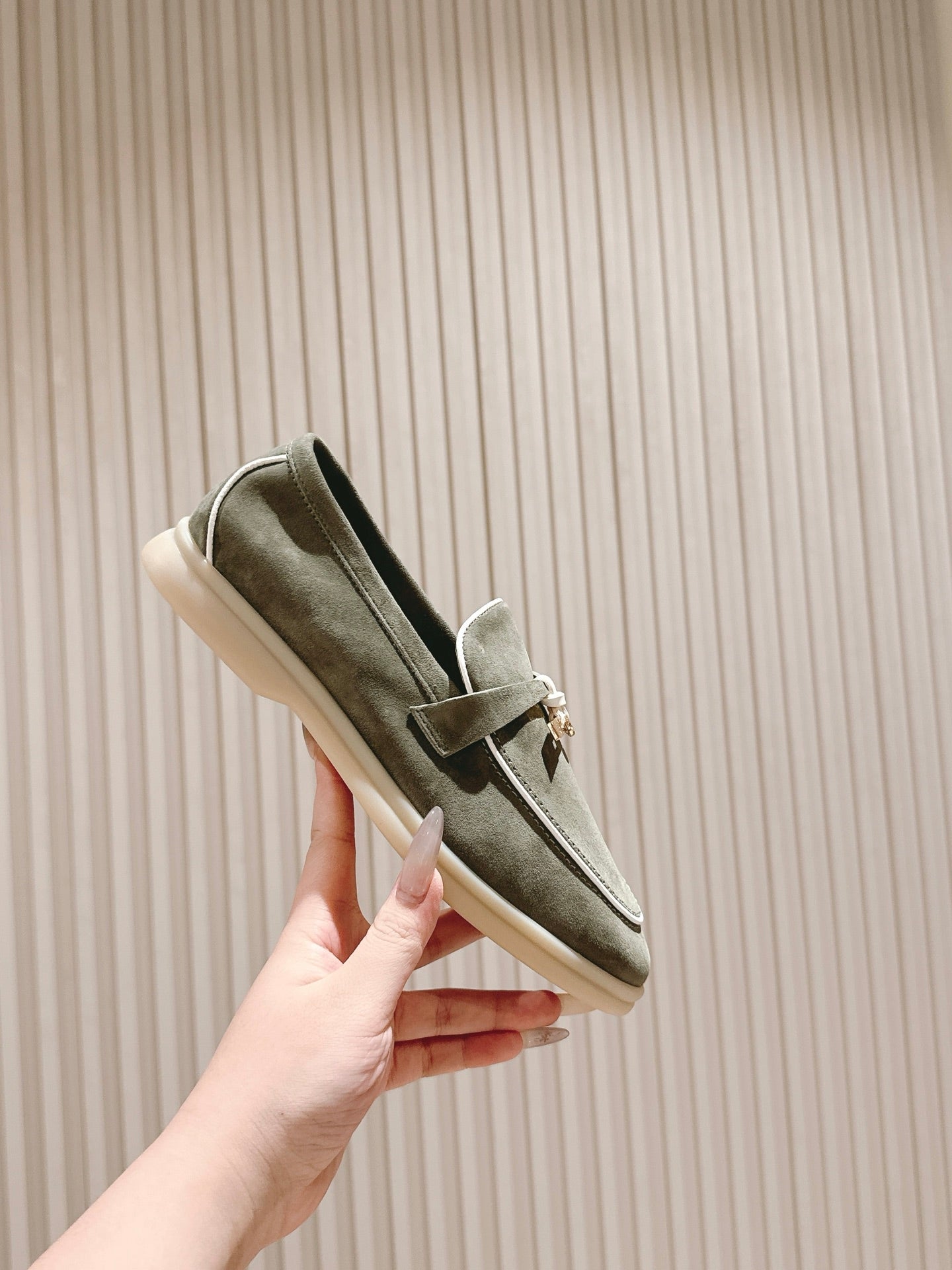 LP LOAFERS 25S IN MOSS GREEN SUEDE WITH SILVER HARDWARE