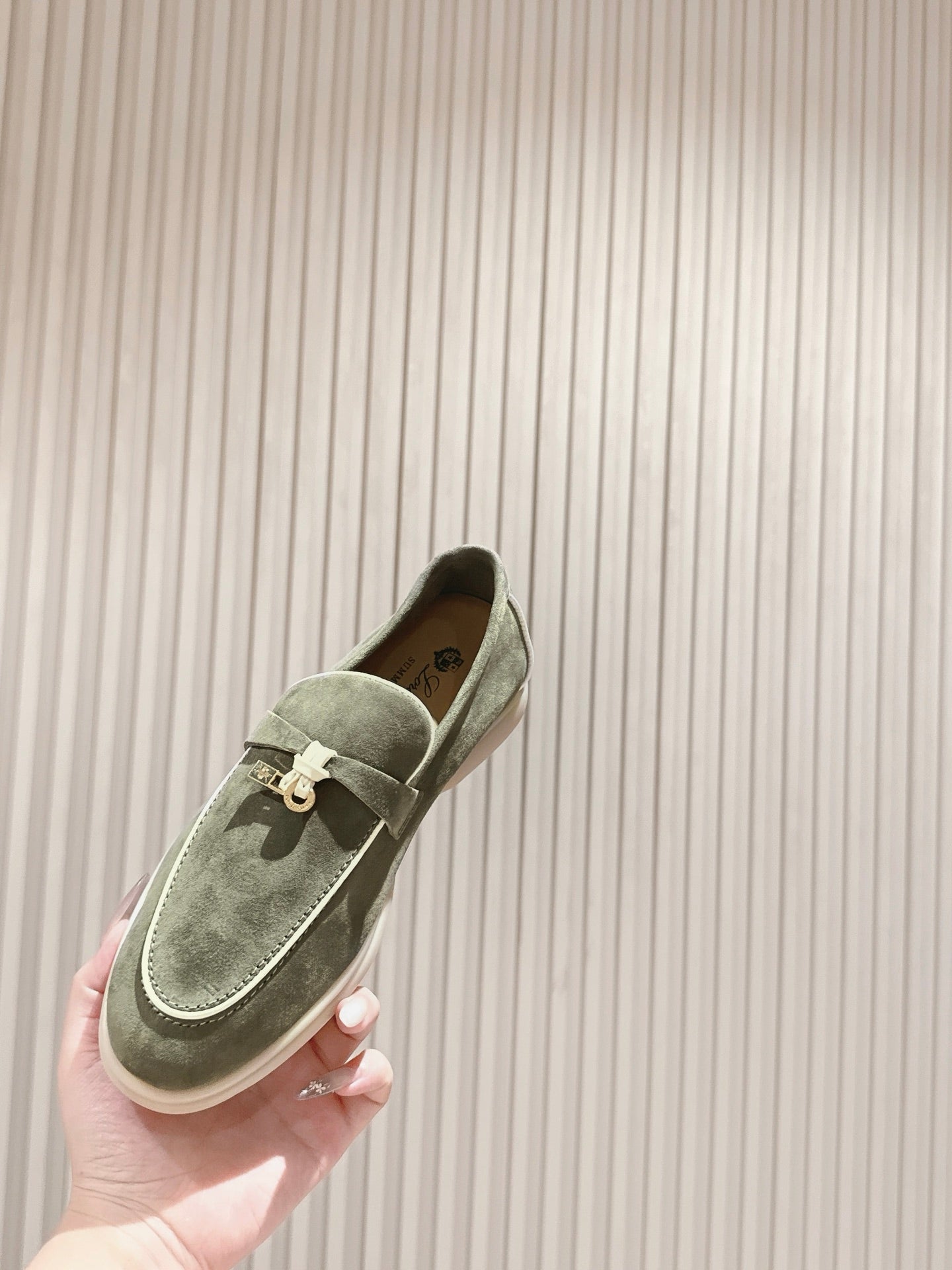 LP LOAFERS 25S IN MOSS GREEN SUEDE WITH SILVER HARDWARE