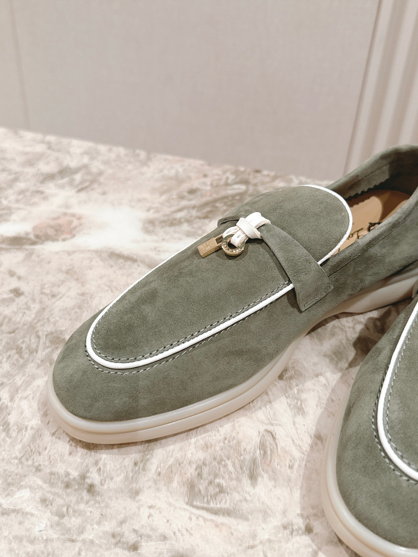 LP LOAFERS 25S IN MOSS GREEN SUEDE WITH SILVER HARDWARE