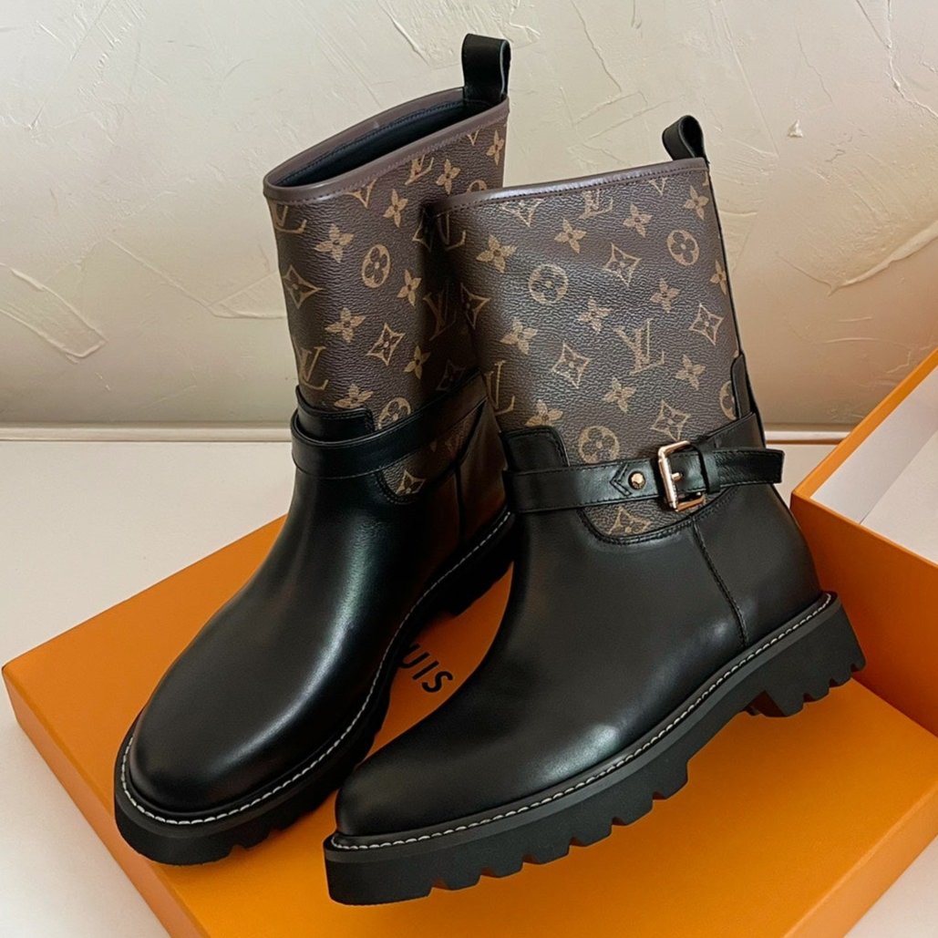 LOUIS VUITTON TERRITORY FLAT ANKLE BOOT IN BLACK MIX CHOCOLATE BROWN MONOGRAM CALFSKIN