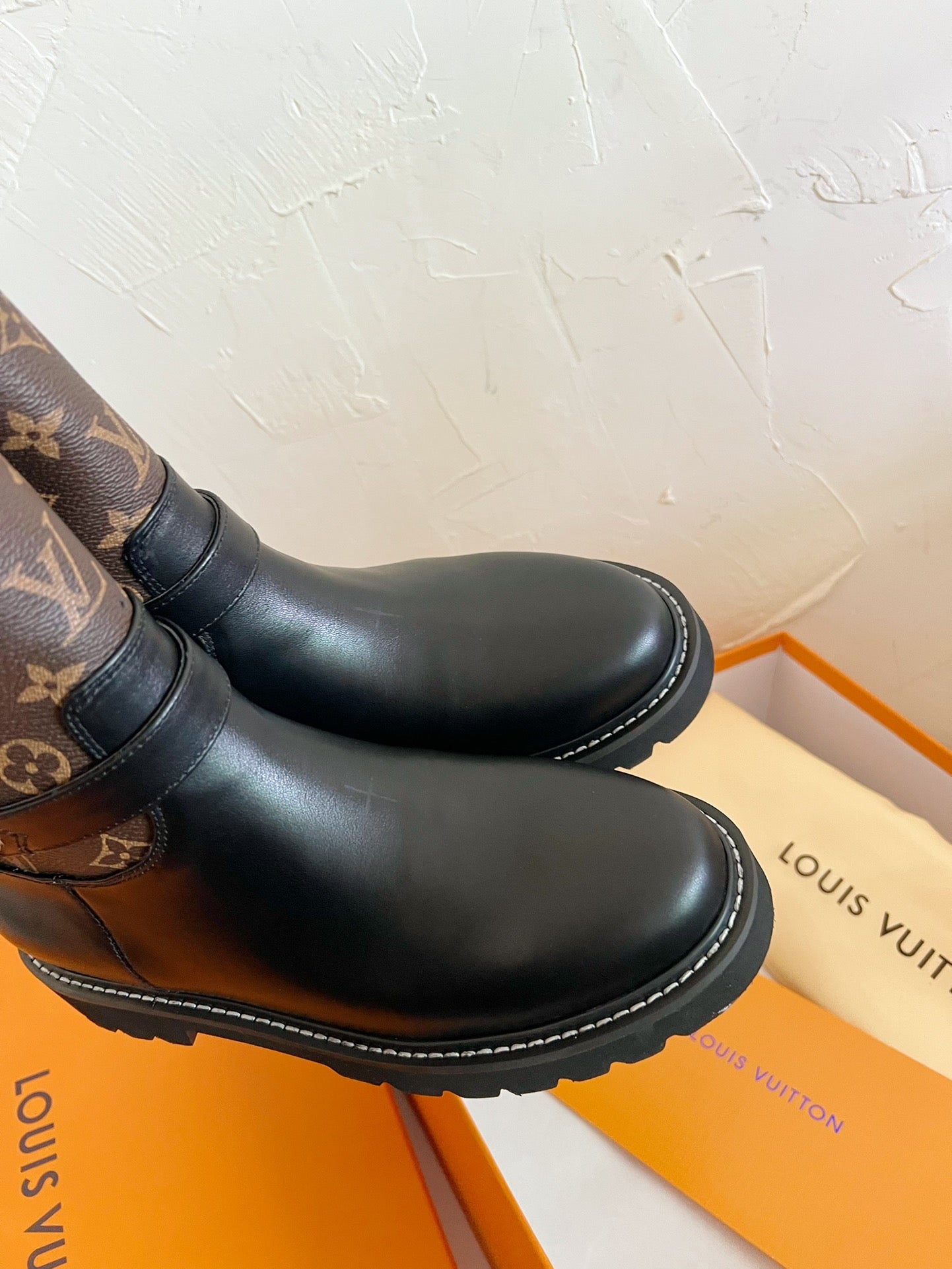 LOUIS VUITTON TERRITORY FLAT ANKLE BOOT IN BLACK MIX CHOCOLATE BROWN MONOGRAM CALFSKIN