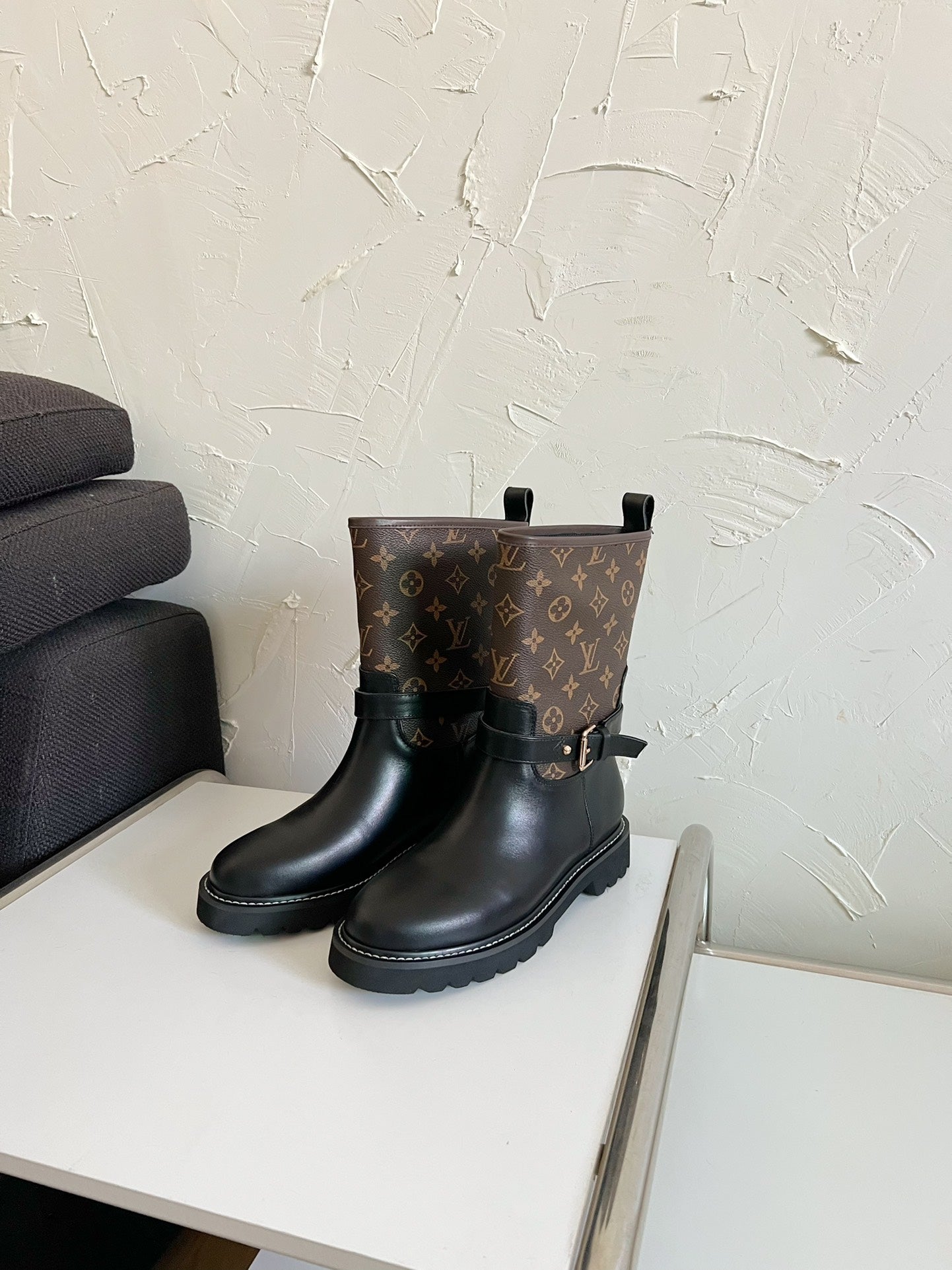 LOUIS VUITTON TERRITORY FLAT ANKLE BOOT IN BLACK MIX CHOCOLATE BROWN MONOGRAM CALFSKIN