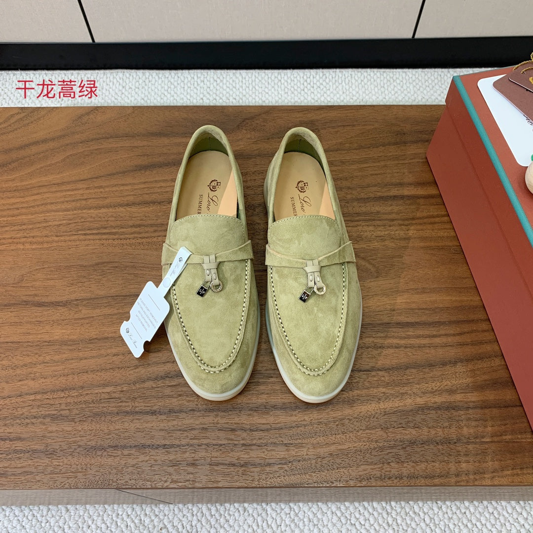 LP LOAFERS 25S IN DRIED LEAF GREEN CASHMERE WITH SILVER HARDWARE