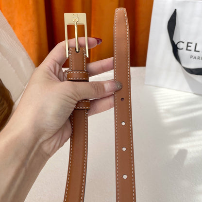 CELINE TRIOMPHE BELT 18MM IN BROWN CALFSKIN WITH RECTANGULAR BUCKLE EMBOSSED LOGO AND WHITE STITCHING