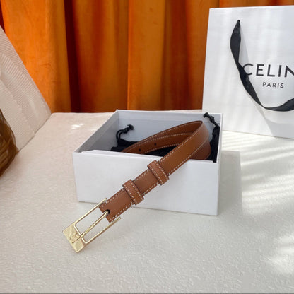 CELINE TRIOMPHE BELT 18MM IN BROWN CALFSKIN WITH RECTANGULAR BUCKLE EMBOSSED LOGO AND WHITE STITCHING