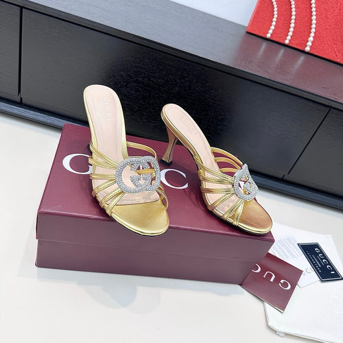 GUCCI 26S HEELED SANDALS 85 MM IN GOLD CALFSKIN WITH CRYSTAL