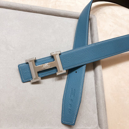 HERMES H D'ANCRE BELT BUCKLE & REVERSIBLE BLUE GREEN LEATHER STRAP 38 MM SILVER HARDWARE