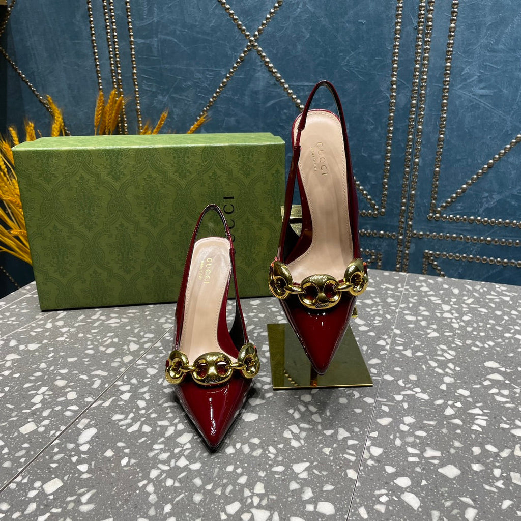 GUCCI WOMEN'S SLINGBACK 10.5 CM IN GARNET RED CALFSKIN WITH GOLD HARDWARE