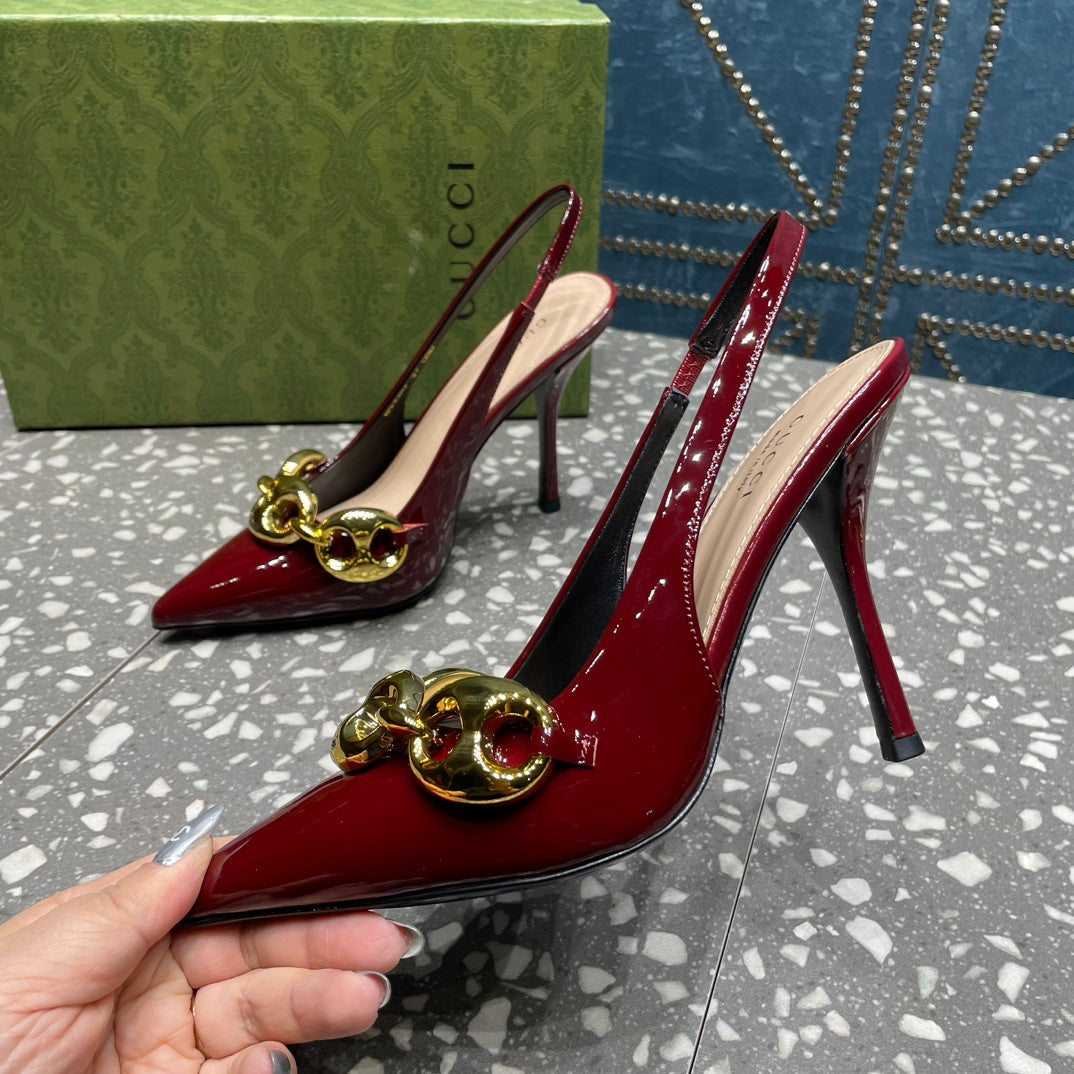 GUCCI WOMEN'S SLINGBACK 10.5 CM IN GARNET RED CALFSKIN WITH GOLD HARDWARE