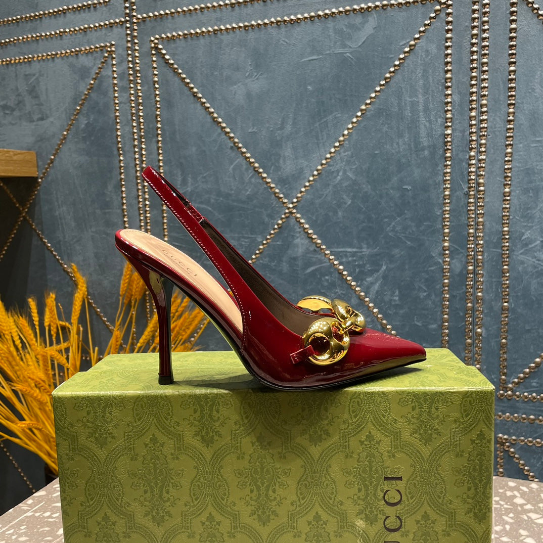 GUCCI WOMEN'S SLINGBACK 10.5 CM IN GARNET RED CALFSKIN WITH GOLD HARDWARE