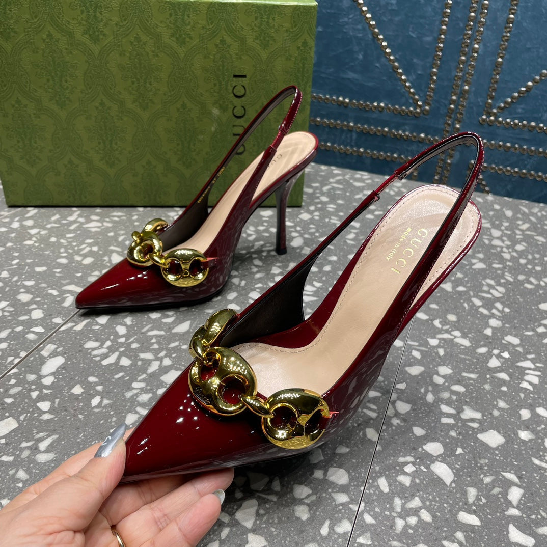 GUCCI WOMEN'S SLINGBACK 10.5 CM IN GARNET RED CALFSKIN WITH GOLD HARDWARE