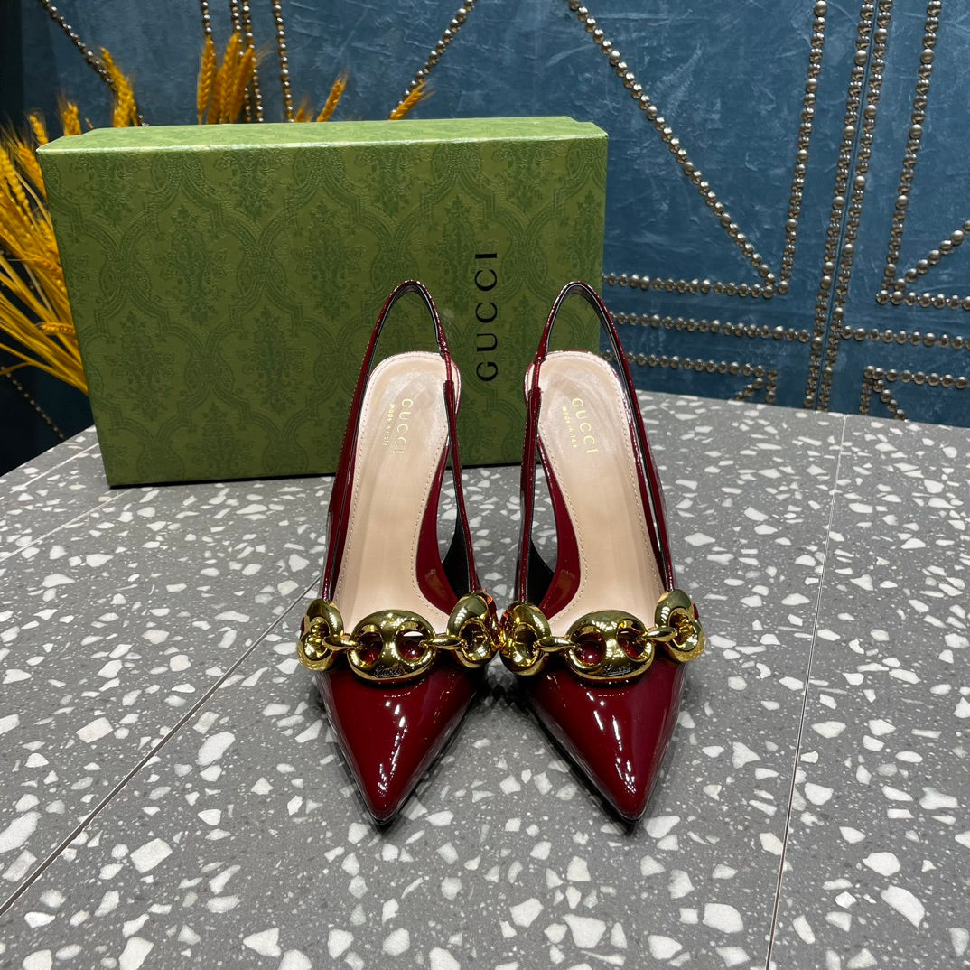 GUCCI WOMEN'S SLINGBACK 10.5 CM IN GARNET RED CALFSKIN WITH GOLD HARDWARE