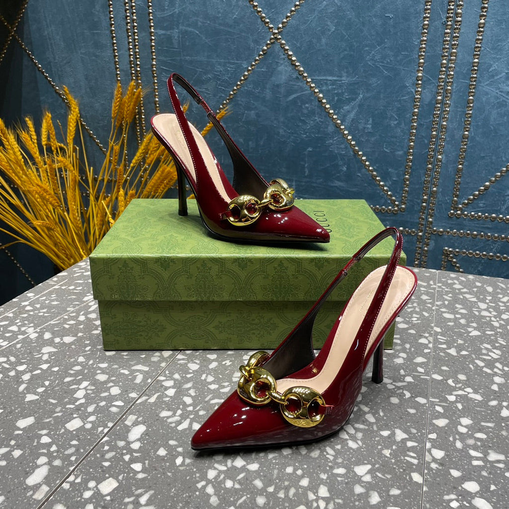 GUCCI WOMEN'S SLINGBACK 10.5 CM IN GARNET RED CALFSKIN WITH GOLD HARDWARE