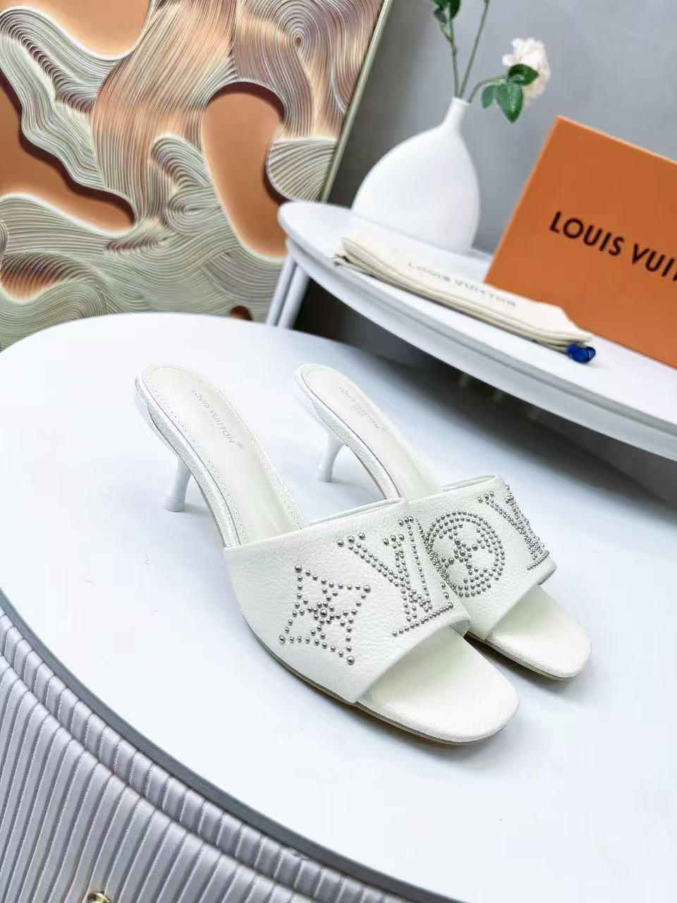 LOUIS VUITTON HIGH MULE IN WHITE LAMBSKIN WITH RHINSTONES 55 MM