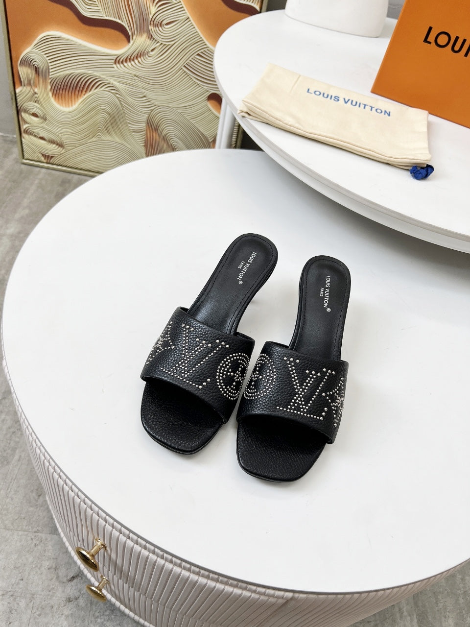 LOUIS VUITTON HIGH MULE IN BLACK LAMBSKIN WITH RHINSTONES 55 MM