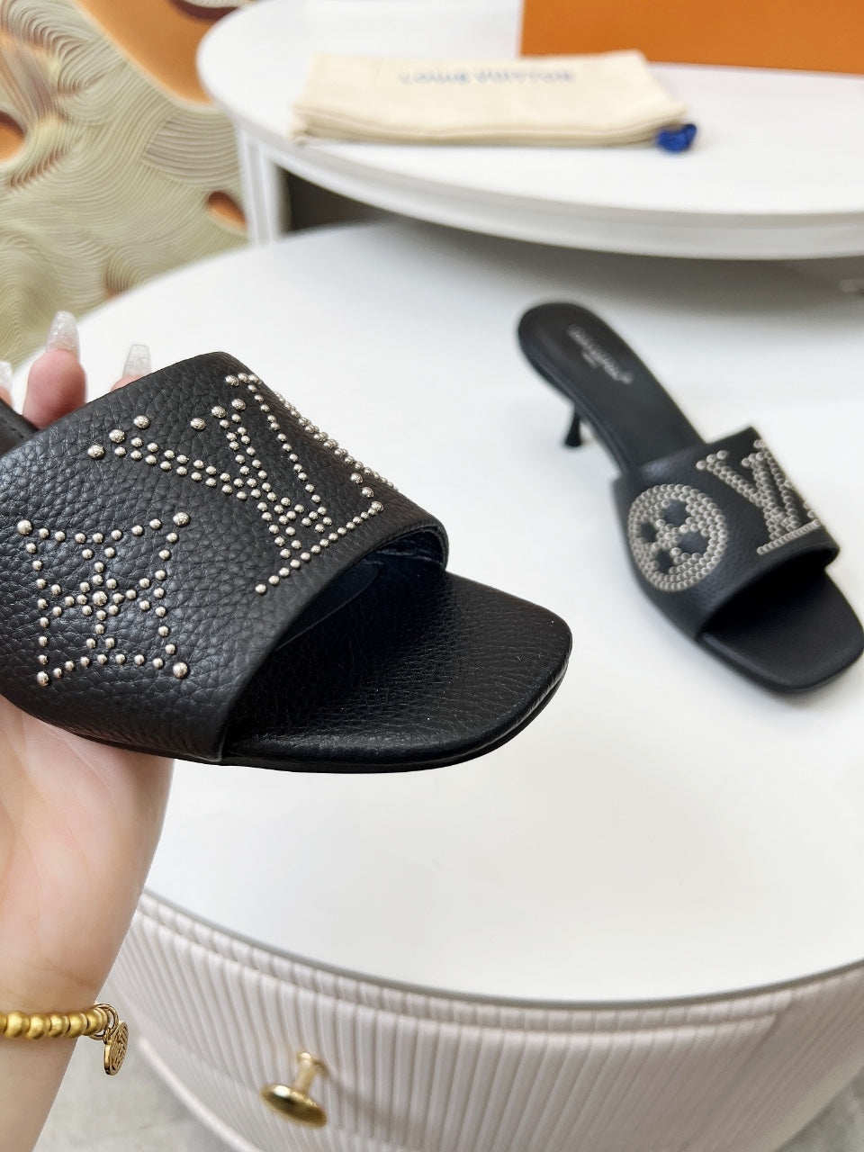 LOUIS VUITTON HIGH MULE IN BLACK LAMBSKIN WITH RHINSTONES 55 MM