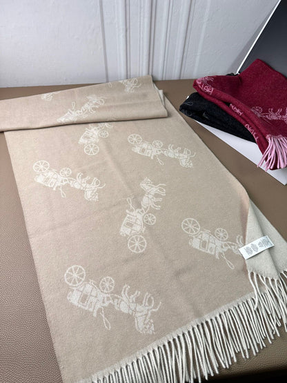COACH HORSE & CARRIAGE PRINT SCARF 195 CM IN BEIGE WOOL 375241