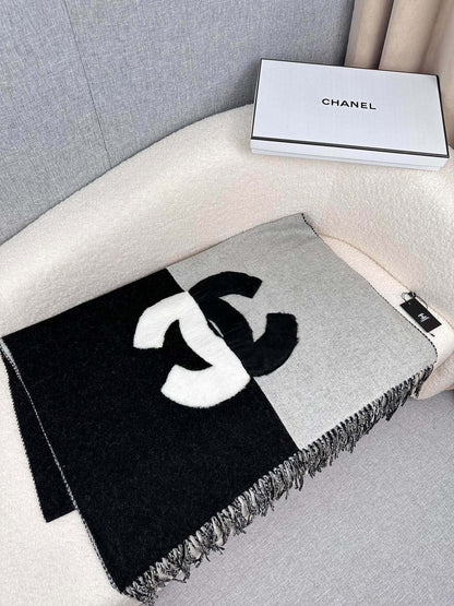 CHANEL SCARF 200 CM IN BLACK MIX HARBOR GRAY CASHMERE AND WOOL 399797