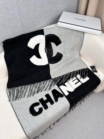 CHANEL SCARF 200 CM IN BLACK MIX HARBOR GRAY CASHMERE AND WOOL 399797