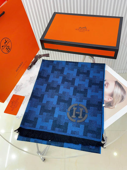 HERMES SCARF 200 CM IN COBALT BLUE MONOGRAM CASERE