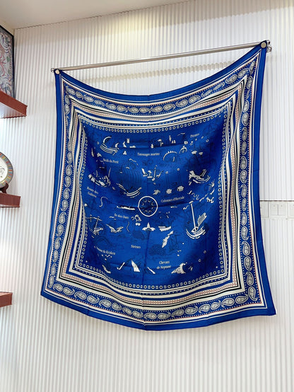 HERMES TATOUAGES MARINS BANDANA SHAWL 135 CM COLORFUL 385443