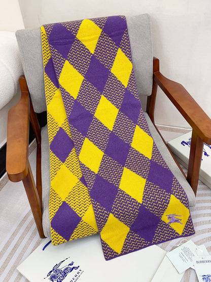BURBERRY ARGYLE WOOL SCARF 190 CM VIOLET MIX BRIGHT YELLOW 394595